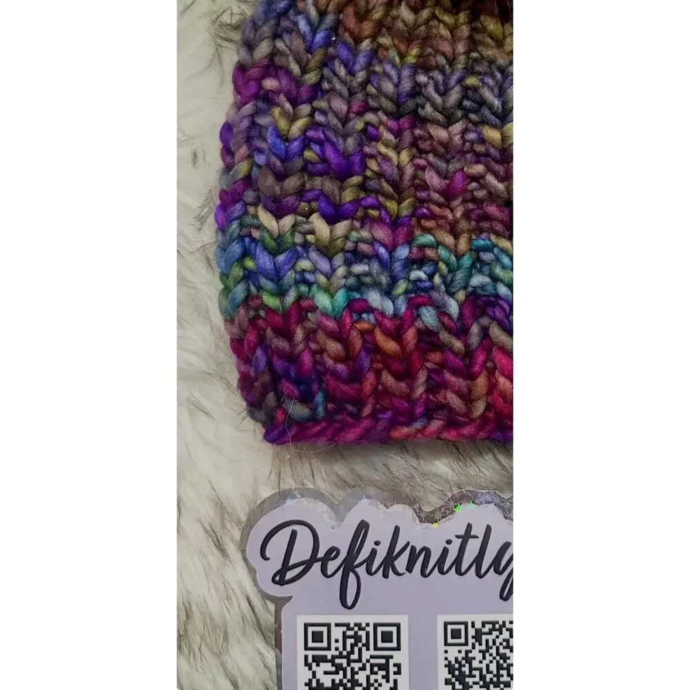 Hand Knit Scrappy Merino Wool Beanie: DefiKnitly Tasteful Knit Hat with Faux Fur